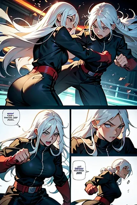 Girl with long white hair punching someones face during a fight, manga page with panels and dialogue 