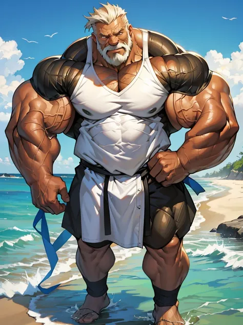 beach, extremely huge muscular, massive muscular, full-body, well-muscled old man. ((extremely muscle size, super thick arms, huge pec, extremely wide pectoral , huge arms)).  and add details to make it attractive and interesting. Add textures and details ...