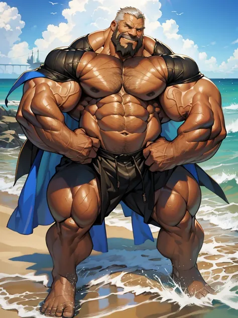 beach, extremely huge muscular, massive muscular, full-body, well-muscled old man. ((extremely muscle size, super thick arms, huge pec, extremely wide pectoral , huge arms)).  and add details to make it attractive and interesting. Add textures and details ...