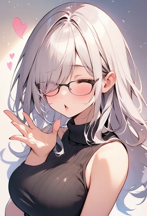 chibi, solo, adult lady, smile, long hair, hair over one eye, wearing glasses, sleeveless and Turtle Neck Sweater, big breast, hearts effects, closed eyes, kiss mouth,blowing kiss,