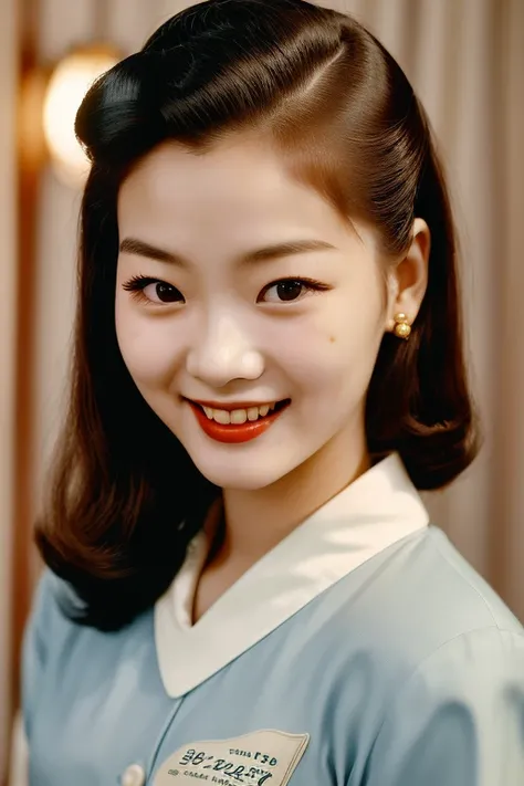 Seoul, 1952. A young korean girl, 23-year-old, strikingly beautiful, delicate facial features, porcelain skin, expressive eyes, in the hotel, ((awe and joy expression)), ((((clothings from the 1950s)))), ((hairstyle of the 1950s)), colorful, a picture