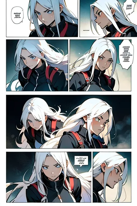 Girl with long white hair fighting, different facial positions, manga page with panels and dialogue 