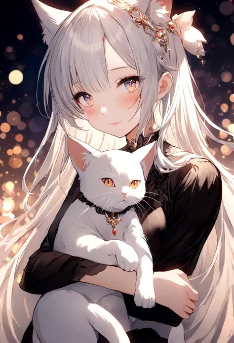 araffe woman holding a white cat in her arms, she is holding a cat in her arms, woman and cat, white ( cat ) girl, beautiful young catgirl, attractive cat girl, white cat girl, holding a cat, woman / cat hybrid, elegant cat, shutterstock, very beautiful cu...