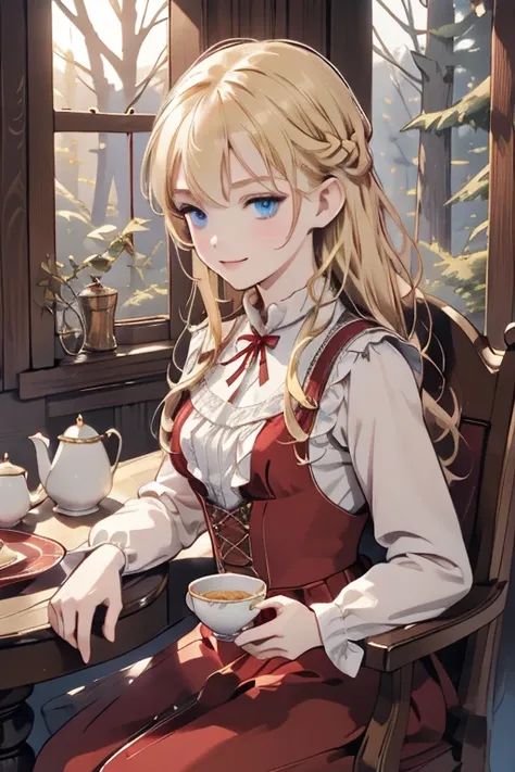 (8k, highest quality, Tabletop:1.2)、Ultra-high resolution, Detailed face, One 10-year-old girl, smile、blue eyes, blonde, Braiding, Long Hair, Red ribbon on head, Red dress, blue sky, in the forest, wood, table cloth, Set of cake and tea on the table, Sit o...