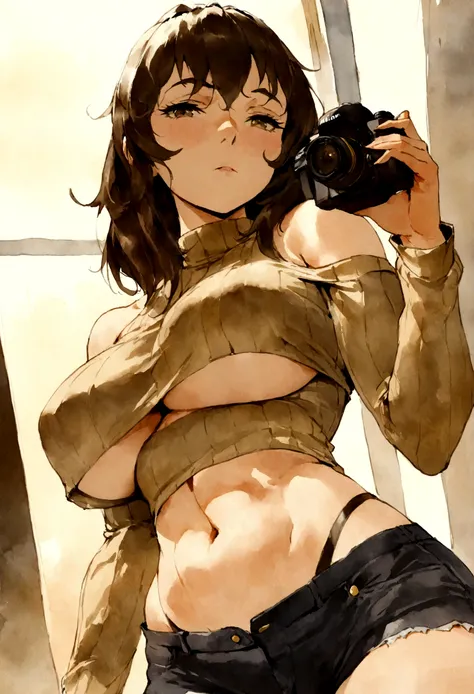 (), huge tit,(masutepiece), Best Quality, Extremely detailed, (watercolor paiting), bloom, Delicate and beautiful, Illustration, (From below),(1girl in:1.4), (Solo:1.2), Large breasts, (Ribbed sweater:1.3), off-the-shoulder sweater, (Short shorts:1.2), Bar...