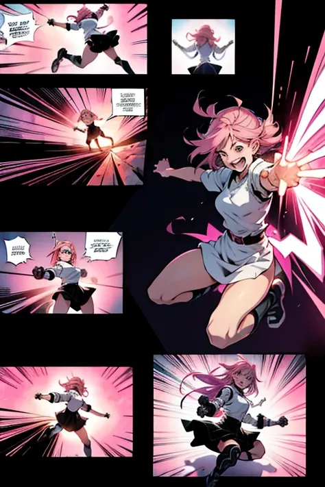 Insane girl with pink hair laughing while fighting, full body shots, manga page with panels and dialogue 