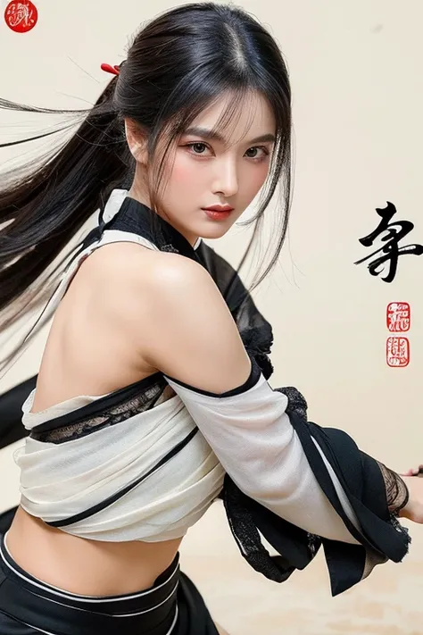 (best quality,highres,masterpiece:1.2),ultra-detailed,full body shot,beautiful detailed eyes,beautiful detailed lips,extremely detailed eyes and face,longeyelashes,sexy woman practicing Kung Fu,artwork made with traditional Chinese ink painting,graceful mo...