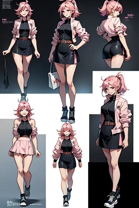 Insane girl with pink hair laughing mischievously, full body shots, manga page with panels and dialogue 