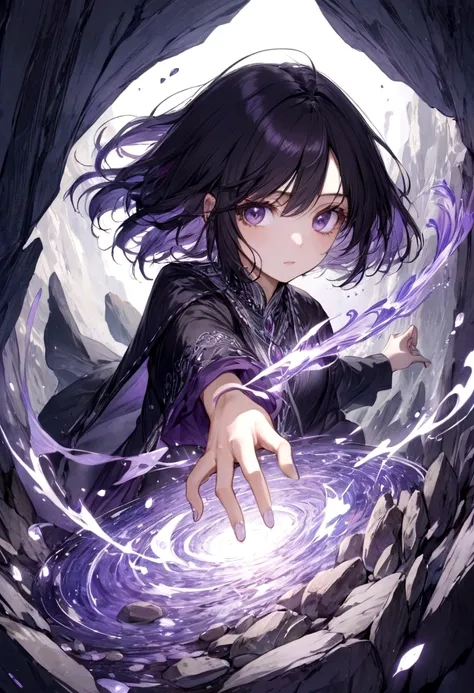 Female, Purple Eyes, Black Hair, Rock as an element