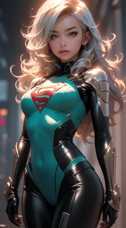 (((Young White Woman))), ((Best Quality)), ((Masterpiece)), (Detail: 1.4), 3D, A Beautiful Cyberpunk Woman with Simon Bisley-style micro thong, supergirl themed clothing, 2-piece clothing, Long silver hair, arm tatoo, cybernetic hands, pastel, Centered, sc...