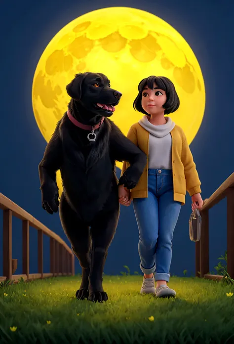 create an image of a person walking an adorable full-grown black labrador retriever under a bright yellow full moon. the scene s...