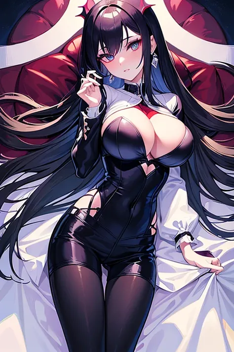 (Pixel Art: 1.2), Beautiful gothic woman, Sexy gothic girl, Designer sweatshirt jacket with logo, Pants, Black short hair，Blue hair ends, bedroom, Lying in bed, (By Isaac Quick: 0.8) [author：Ilya Kuvshinov: 0.65] a young japanese woman, 1 girl, beautiful d...