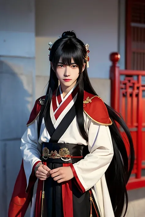 A chinese boy with long black hair, dark brown eyes and light ivory skin. he is wearing a red and black Hanfu. He looks about 23 years old.