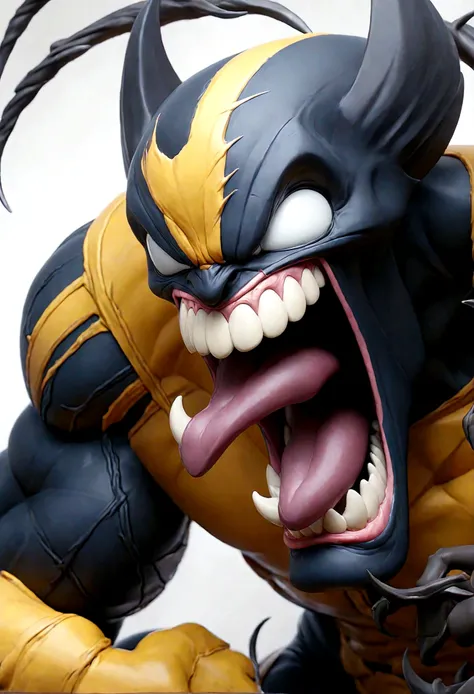 O Venom no rosto do Wolverine, com a boca aberta, e lingua para fora