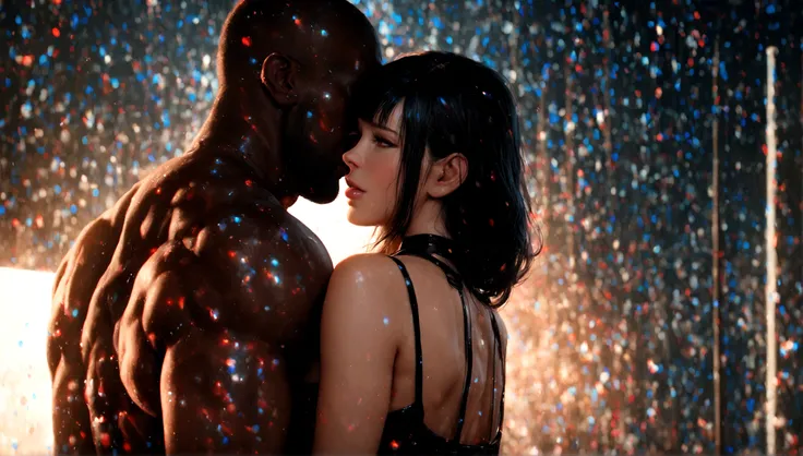 a beautiful woman being penetrated by a tall muscular black man, back view, detailed sex scene, photorealistic, 8k, masterpiece, dramatic lighting, intense colors, moody atmosphere