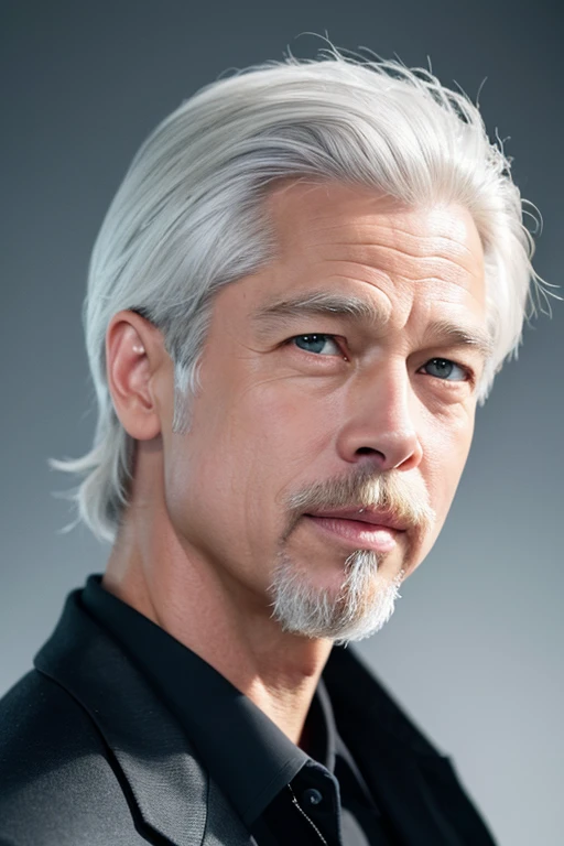 Gray Hair,True Face,Upper body only，White bald spot,White mustache,Stylish Uncle，Background white､Looks like Brad Pitt