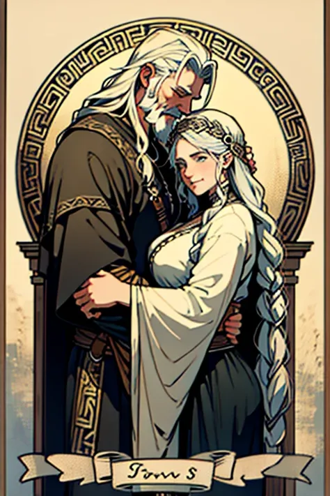 Odin and his wife Frigg holding each other in a loving embrace, old norse style illustration, high quality, border detail, germanic pagan art