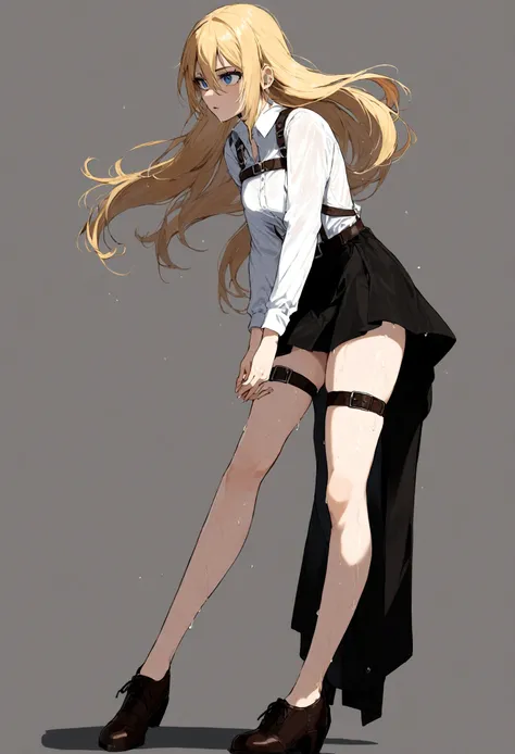 haute style, shingeki no kyojin,, , Christa Lentz,, 1 girl, belt, belt buckle, blonde hair, blue eyes, brown footwear, black skirt, Chest belt, Collared shirt, Diamond (shape), floating hair, side to side, Telegraph slang, gray background, hair between eye...