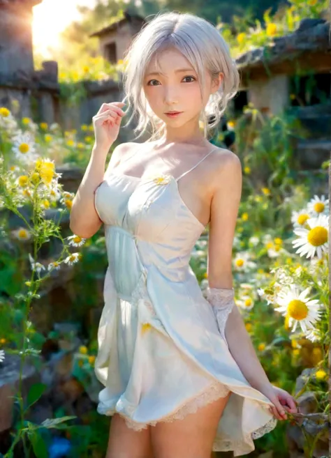 Magazine cover(masterpiece, best quality:1.2),(masterpiece),(best quality),illustration,ultra detailed,hdr,Depth of field,(colorful),loli,yellow theme,the setting sun,Chamomile,Chamomile,cornflower,vines,forest,ruins,lens flare,hdr,Tyndall effect,damp,wet,...