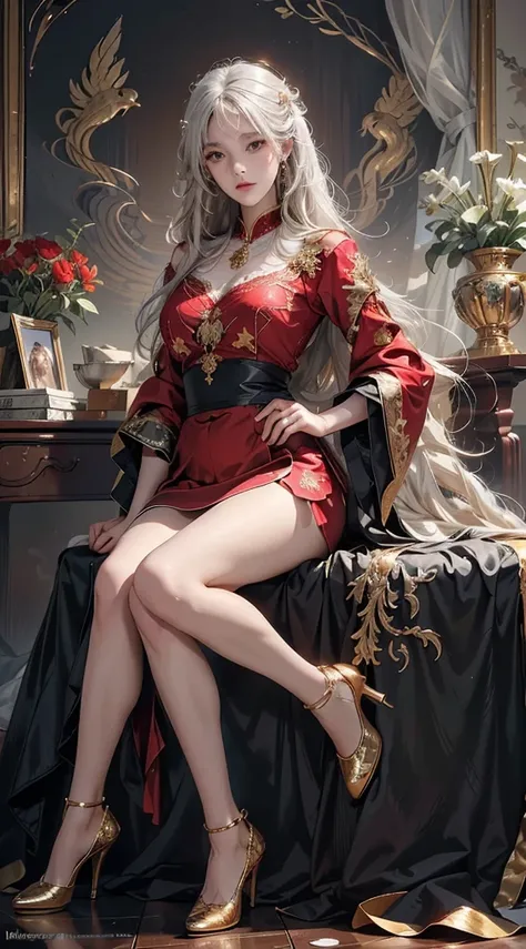 ((masterpiece, best quality)), Delicate face, Character Design Sheet，Full Body Love, Rich in details, Multiple poses and expressions, Very detailed, depth, Many parts，beautiful girl，light，Luminescence，Red and Gold，Phoenix decoration，Gauze，Lace，Lace连裤袜，High...