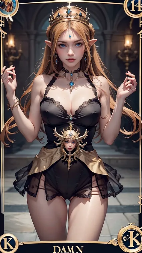 Symmetrical tarot card concept art、Dunham (Very provocative)+ Elven Queen Costume, Lovecraftian Madness Theme,  Lee Bersten, Tarot 512, 8k, High detail, complicated