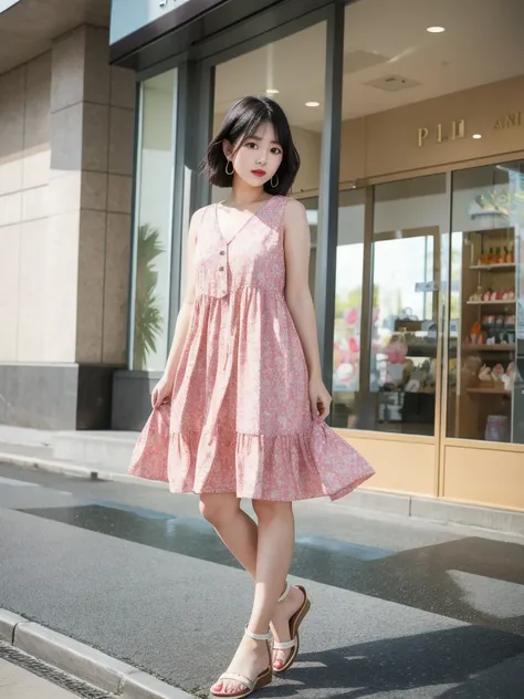 (8k, Photorealistic, Raw photo, Highest quality: 1.4),Japanese idol style１Beautiful girl of the person,18-year-old,Short bob hairstyle,Black Hair,My hair is blowing in the wind,Big, clear grey eyes,Long eyelashes,Plump Cheeks,She is wearing pink lipstick,A...