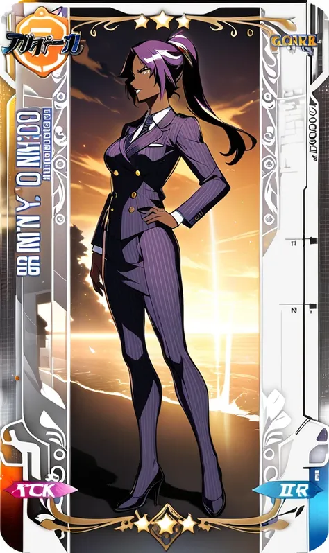  Full body Yoruichi as a thin Black business woman in a double breasted pinstripe purple  skirt suit while wearing a tie with a long purple pinstripe skirt and with purple knee socks full art 
