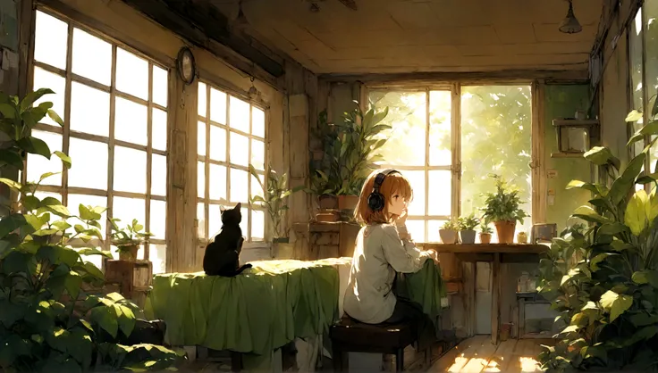 Calm brown and green room、Back view of a girl wearing headphones、Listening to music and looking out the window、The sun shines through the window、The black cat is sitting next to me、Foliage plant、