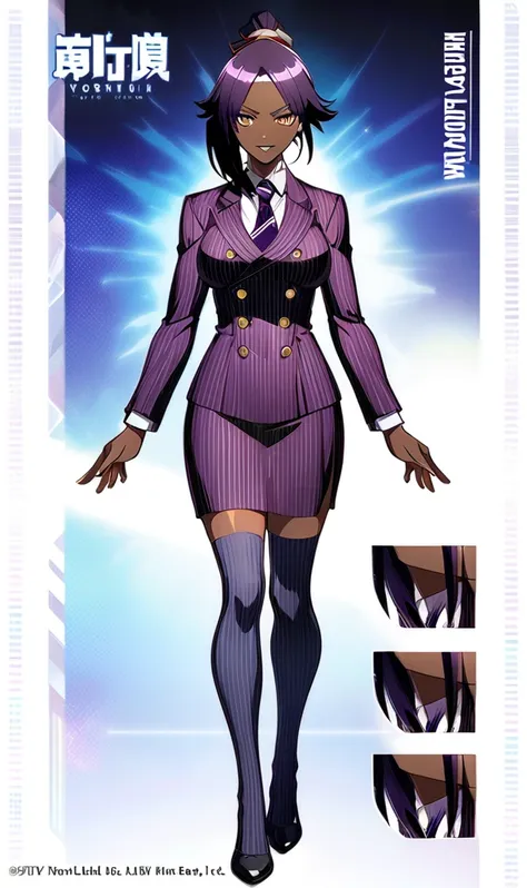 full body yoruichi as a thin black business woman in a double breasted pinstripe purple  skirt suit while wearing a tie with a l...