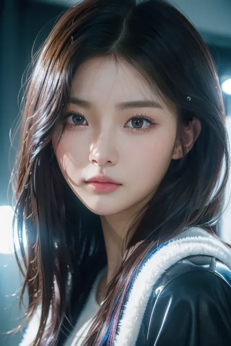 1girl, solo picture, Kim Yoo-jung, (beauty goddess face (mixRussian)), (very expression eye),((reflection pupil)), (insult strip colour hair), (8k HD extremely realistic detailed face:1.5 (soft scene, very low lightning),  masterpiece:1.3, ultra highres:1....