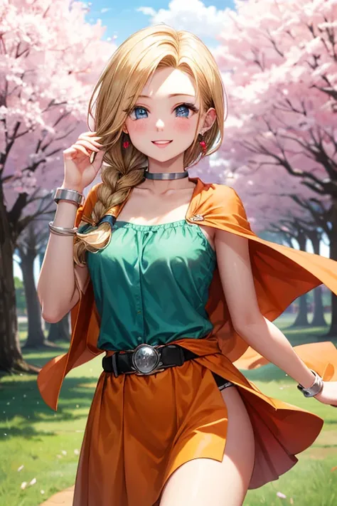 masterpiece,highest quality,High resolution,Super detailed,bianca (dq5),blue eyes,long hair,single blade,earrings,choker,orange cloak,green dress,bracelet,belt,boots,(wind lift:1.2),blush,(embarrassing:1.2),outdoor,castle garden,dance、high resolution、Super...