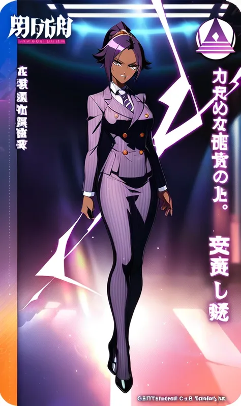  Full body Yoruichi as a thin Black business woman in a double breasted pinstripe purple  skirt suit while wearing a tie with a long purple pinstripe skirt and with purple knee socks full art 
