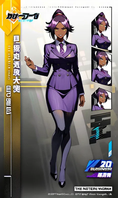 full body yoruichi as a thin black business woman in a double breasted pinstripe purple  skirt suit while wearing a tie with a l...