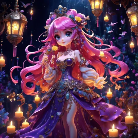 1girl, long hair, bright hair color, seductive eyes, mysterious expression, mature appearance, charming dress, flowing short dress, elegant jewelry, intricate decoration, magic symbols, glowing accessories, potions, scrolls, cute accents, bows, ribbons, fl...