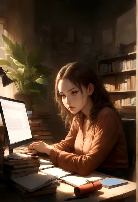 (best quality, highres, ultra-detailed, realistic:1.37), a girl sitting on a red chair, studying with a computer on the desk. The girl has beautiful detailed eyes, long eyelashes, and beautiful detailed lips. She is wearing casual clothes. The room is well...