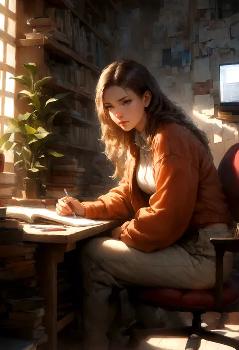 (best quality, highres, ultra-detailed, realistic:1.37), a girl sitting on a red chair, studying with a computer on the desk. The girl has beautiful detailed eyes, long eyelashes, and beautiful detailed lips. She is wearing casual clothes. The room is well...