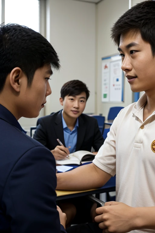 Chinese boys interview passers-by face to face in university classroom