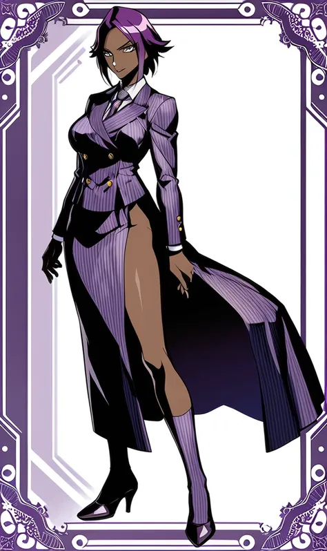 full body yoruichi as a thin black business woman in a double breasted pinstripe purple  skirt suit while wearing a tie with a v...