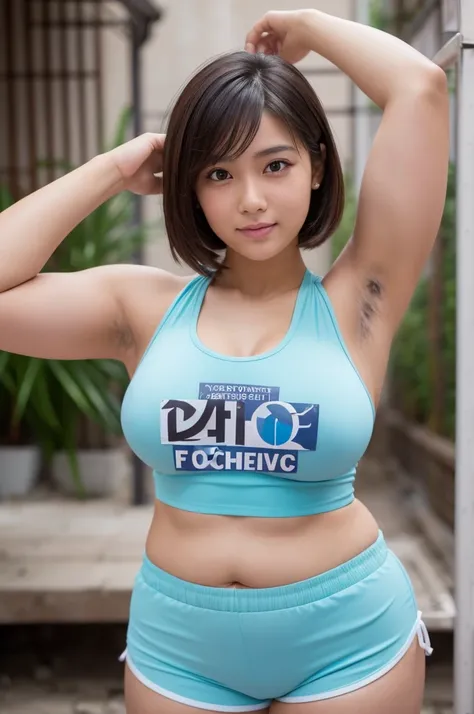 (nsfw),sharp focus,ultra detailed,(nsfw),short hair,(close up,face focus:1.3),(saggy and gigantic breasts:1.2),(cheerful),(track costume),,lifted logo printed vest,short pants:1.1),20 years old,arms up,(armpit hair:1.1),thick upper arm,standing in back all...