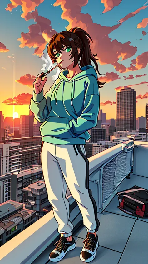 Black sneakers, white workout pants, A woman wearing a light blue hoodie smoking a cigarette while leaning on a railing on a rooftop with a view of the sunset(Long brown hair, green eyes)