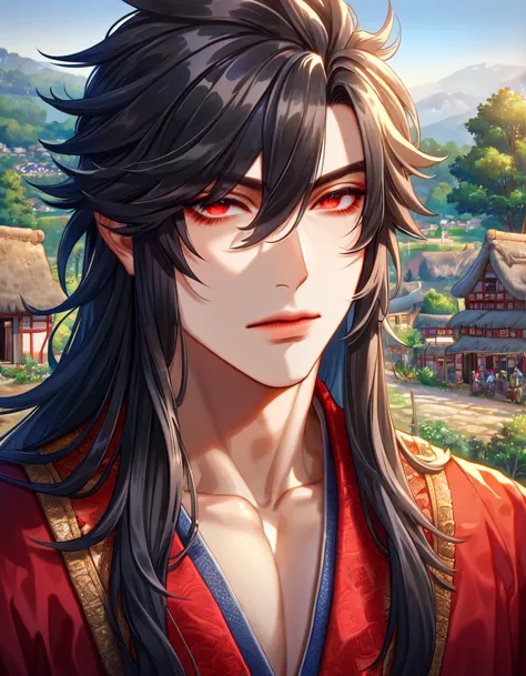 absurdres, highres, ultra detailed, HDR, master piece, best quality, extremely detailed face, delicated features, Xue Yu, untamed spiky hair, black long hair, hair between the eyes, expressive red eyes, Thousand Years War, solo, sexy man,handsome, red robe...