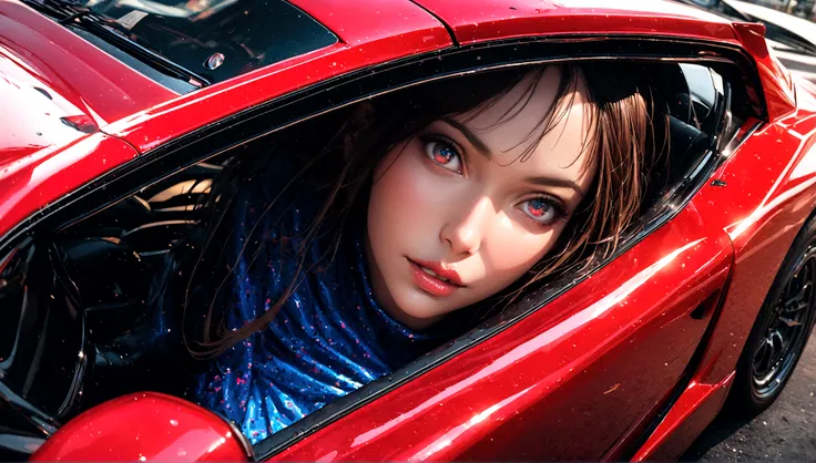 a sexy girl in tight fitting clothes with a black and red supercar, beautiful detailed eyes, beautiful detailed lips, extremely detailed eyes and face, long eyelashes, photorealistic, 8k, ultra-detailed, realistic, masterpiece, vibrant colors, dynamic ligh...