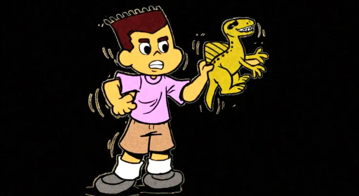 cartoon clipart, cartoon boy with brown hair with toy dinosaur in hand, in the style of unreal engine 5, influence, 32k uhd, life size figures, disney (or pixar) animation, hyperrealistic details, full body, white background --ar 1116