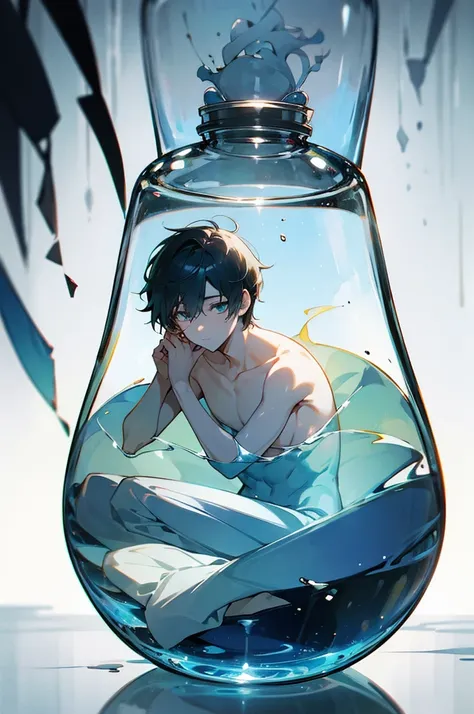 Boy in a bottle、Being in a jar、Looking Outside、Glass、sit、1 person、male、Beautiful boy、adult、Large、whole body、naked、Perfect body shape、Bare Skin、sex appeal、Transparency、reflected light、beautiful、ephemeral、Glowing Eyes、longing、dream、Dim light、Blur、Watercolor ...