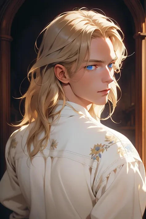 1 man, Realistic, master-piece, bestquality, Beautiful, detailed eyes and detailed faces.,natural light, Medieval Fantasy, European retro, White shirt, lace, Long dark golden hair, blue eyes, attractive, depressed, Decorative flowers, sunbeam