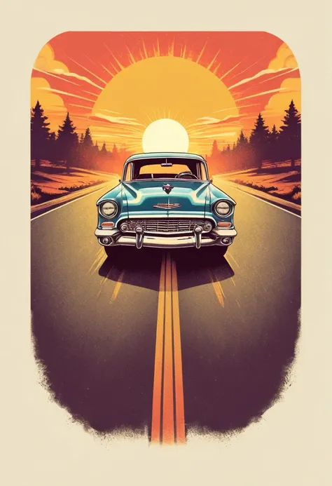 retro_tshirt a vintage car driving down a road with a sunset in the background, flat, frame,( square:1.1), (white outline:1.2)