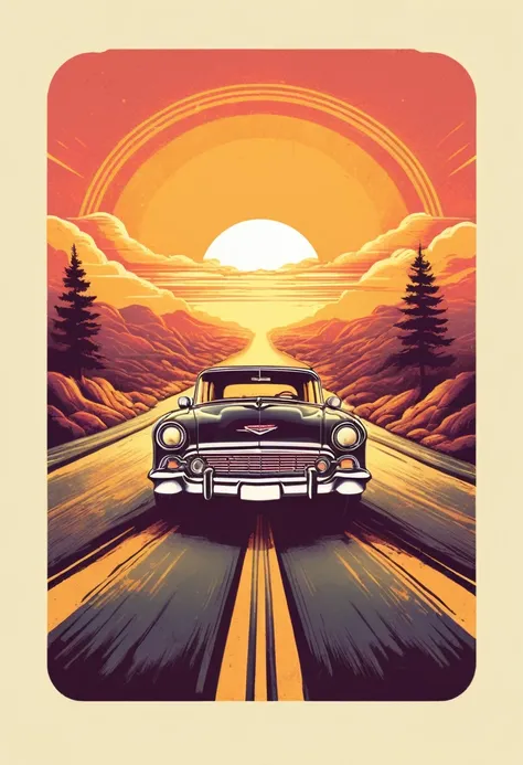 retro_tshirt a vintage car driving down a road with a sunset in the background, flat, frame,( square:1.1), (white outline:1.2)