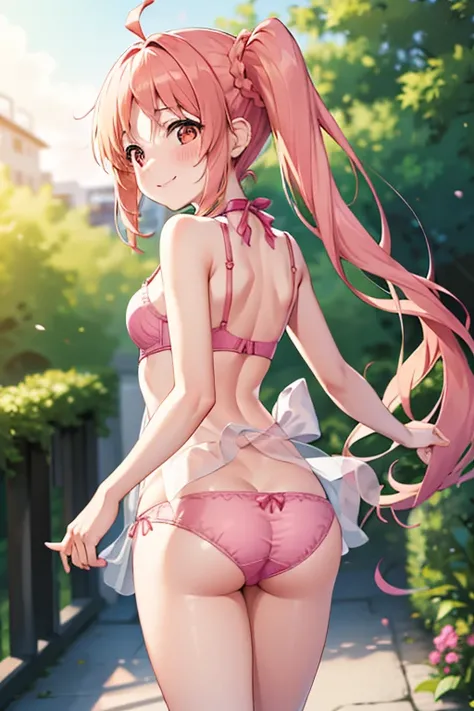 (Tabletop), highest quality, High resolution, 4K, One Girl, alone, blush、smile、Nice hands, 1 in, Side Ponytail, Long Hair, Ahoge, Cute Underwear、Pink Bra、Pink Panties、Red Bow, White socks, Backwards、look back、garden