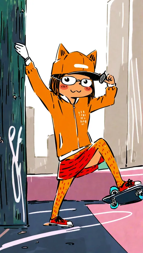 riding a skateboard, wearing sunglasses and a cap, in a vibrant urban setting with graffiti art and neon signs