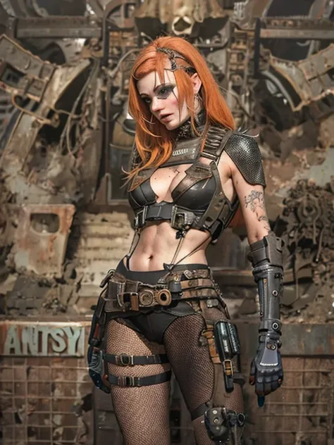 A highly detailed and realistic skull girl,( Anya. Taylor Joy) cyberpunk character, mad max furiosa, one hand robot, cyborg arm, orange hair, dramatic metal heavy rock theme, best quality, 8k, hyperrealistic, photorealistic, extreme detailed painting, stud...